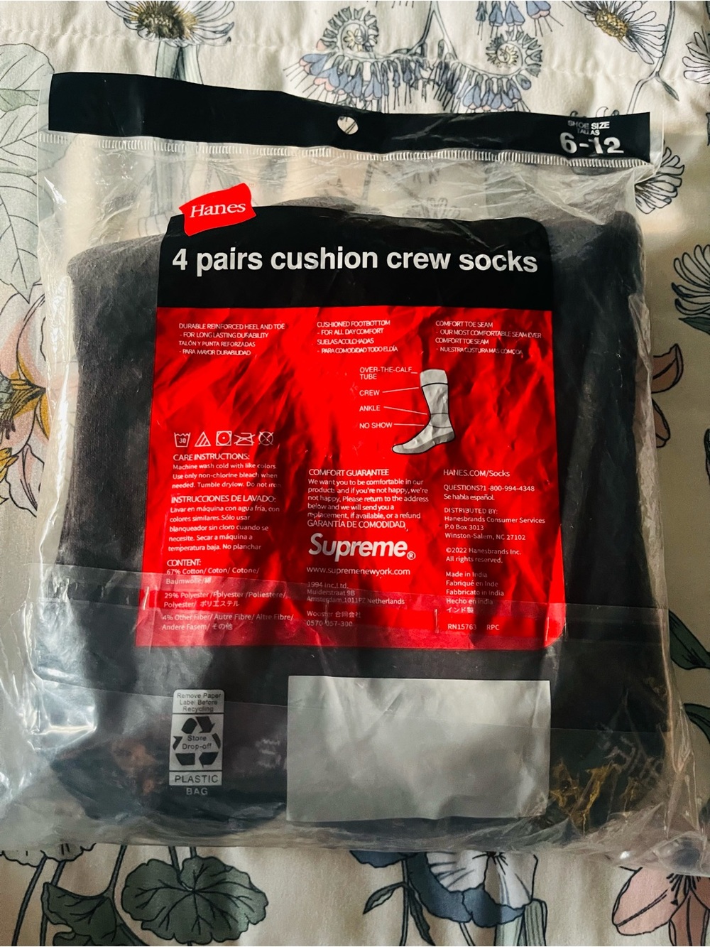 Supreme Black Crew Socks 4-Pack with Red Logo Panel